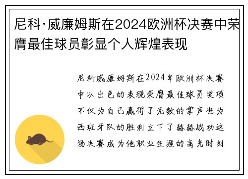 尼科·威廉姆斯在2024欧洲杯决赛中荣膺最佳球员彰显个人辉煌表现